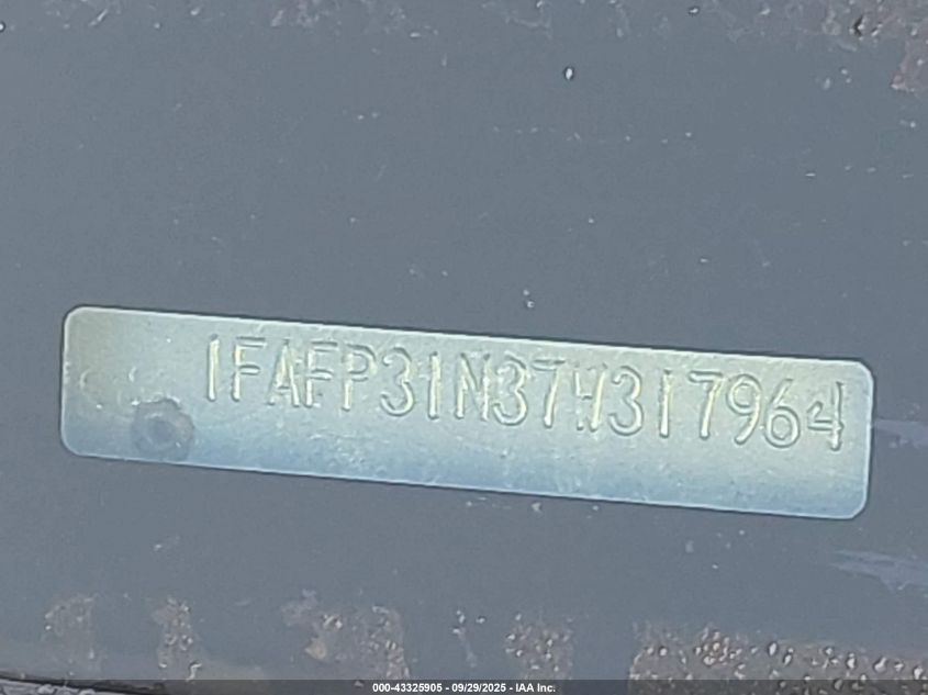 2007 Ford Focus S/Se/Ses VIN: 1FAFP31N37W317964 Lot: 43325905