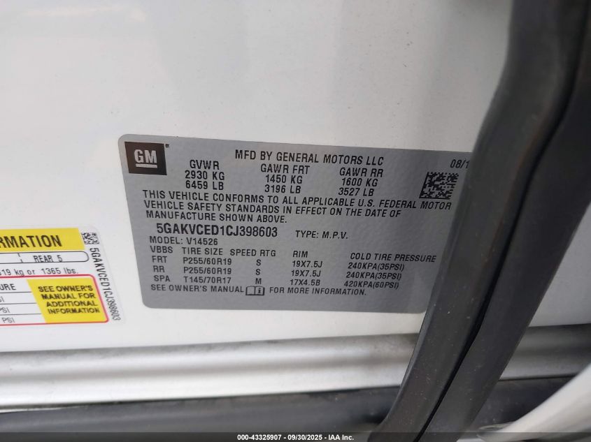 2012 Buick Enclave VIN: 5GAKVCED1CJ398603 Lot: 43325907