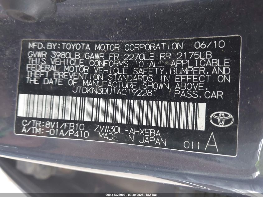 2010 Toyota Prius Ii VIN: JTDKN3DU1A0192281 Lot: 43325909