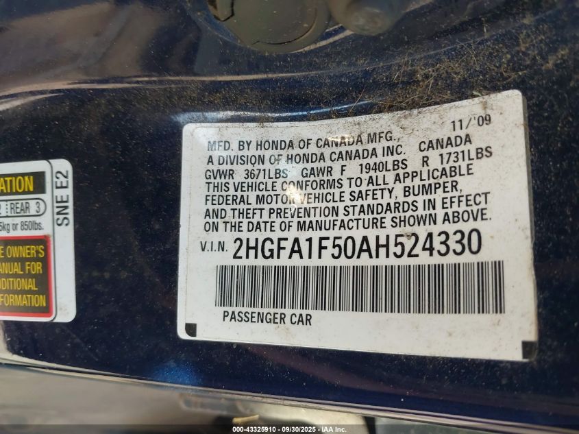 2010 Honda Civic Lx VIN: 2HGFA1F50AH524330 Lot: 43325910
