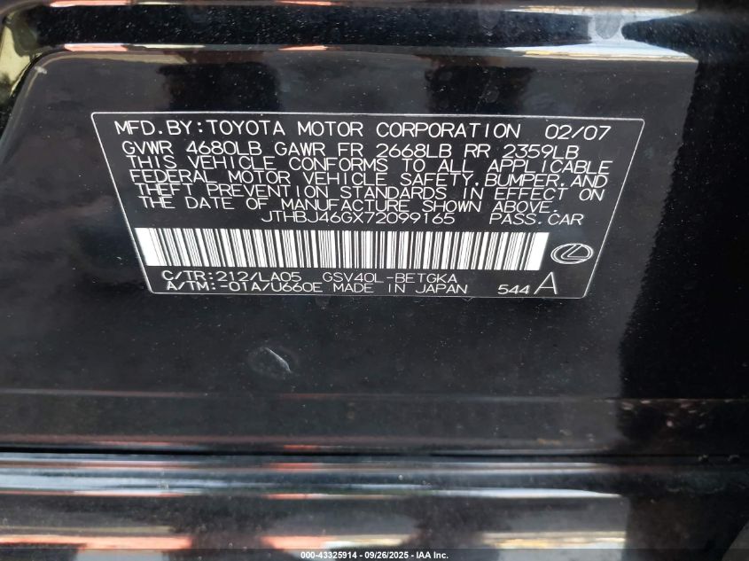 2007 Lexus Es 350 VIN: JTHBJ46GX72099165 Lot: 43325914