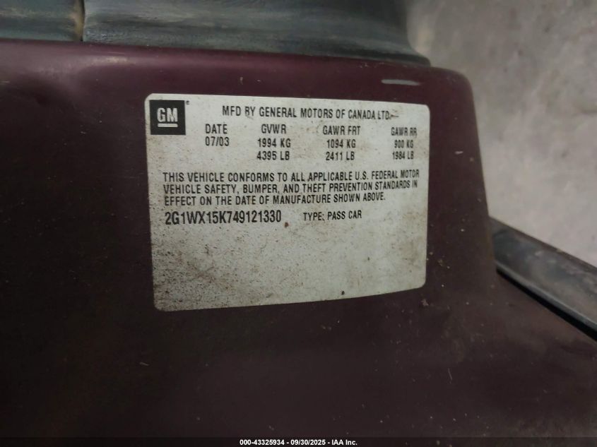 2004 Chevrolet Monte Carlo Ss VIN: 2G1WX15K749121330 Lot: 43325934