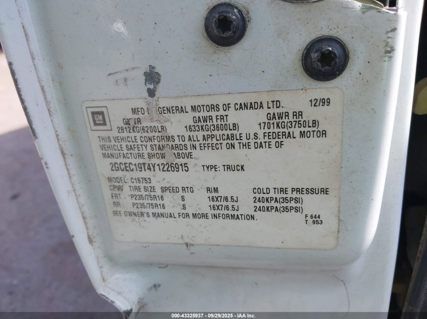 2000 Chevrolet Silverado 1500 Ls VIN: 2GCEC19T4Y1226915 Lot: 43325937