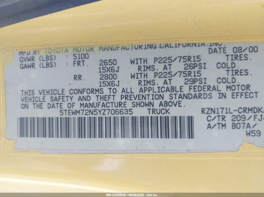 2000 Toyota Tacoma VIN: 5TEWM72N5YZ706635 Lot: 43325942