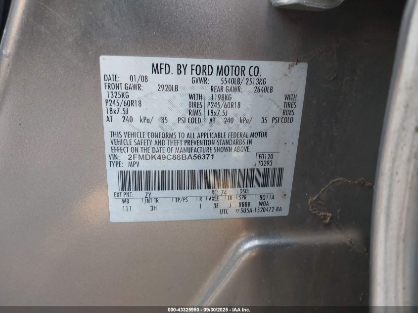 2008 Ford Edge Limited VIN: 2FMDK49C88BA56371 Lot: 43325950