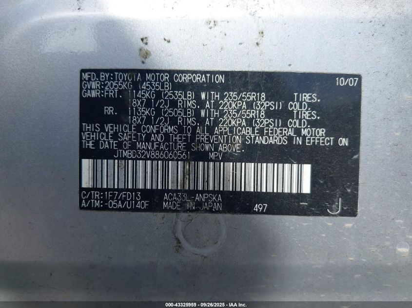 2008 Toyota Rav4 Sport VIN: JTMBD32V886060561 Lot: 43325959