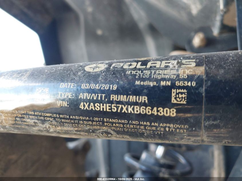 2019 Polaris Sportsman 570 Sp VIN: 4XASHE57XKB664308 Lot: 43325964