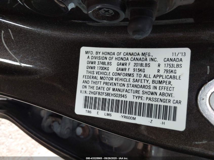 2014 Honda Civic Lx VIN: 2HGFB2F58EH503945 Lot: 43325969