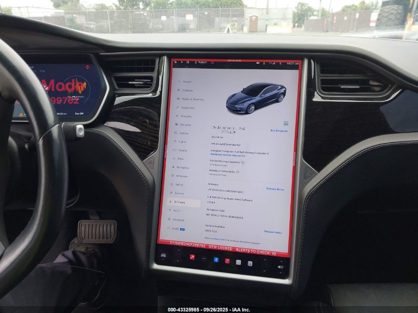 2019 Tesla Model S 100D/75D/Long Range/Standard Range VIN: 5YJSA1E24KF299762 Lot: 43325985