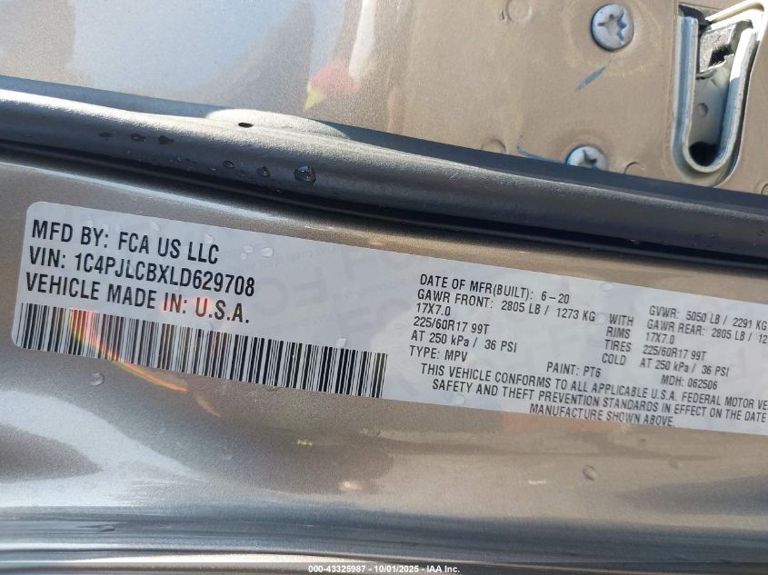 2020 Jeep Cherokee Latitude Fwd VIN: 1C4PJLCBXLD629708 Lot: 43325987