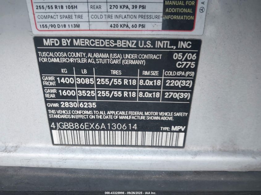 2006 Mercedes-Benz Ml 350 4Matic VIN: 4JGBB86EX6A130614 Lot: 43325998