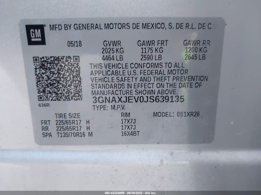 2018 CHEVROLET EQUINOX LT 3GNAXJEV0JS639135
