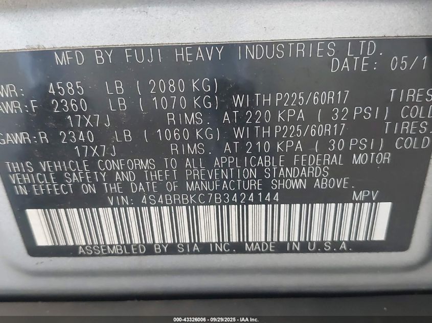 2011 Subaru Outback 2.5I Limited VIN: 4S4BRBKC7B3424144 Lot: 43326006