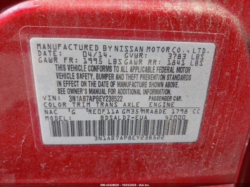 2014 Nissan Sentra Fe+ S/Fe+ Sv/S/Sl/Sr/Sv VIN: 3N1AB7AP8EY238522 Lot: 43326020