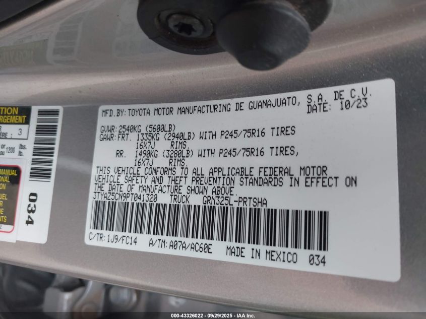 2023 Toyota Tacoma Sr5 V6 VIN: 3TYAZ5CN9PT041320 Lot: 43326022