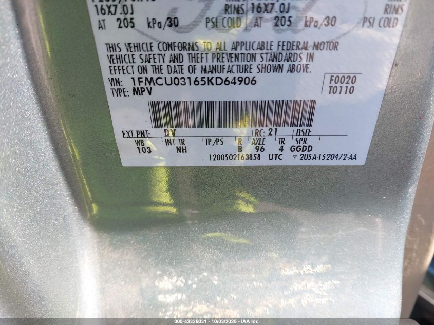 2005 Ford Escape Xlt VIN: 1FMCU03165KD64906 Lot: 43326031