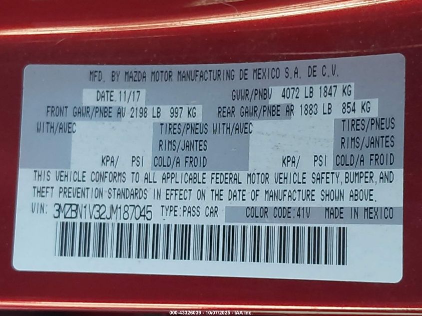 2018 Mazda Mazda3 Touring VIN: 3MZBN1V32JM187045 Lot: 43326039