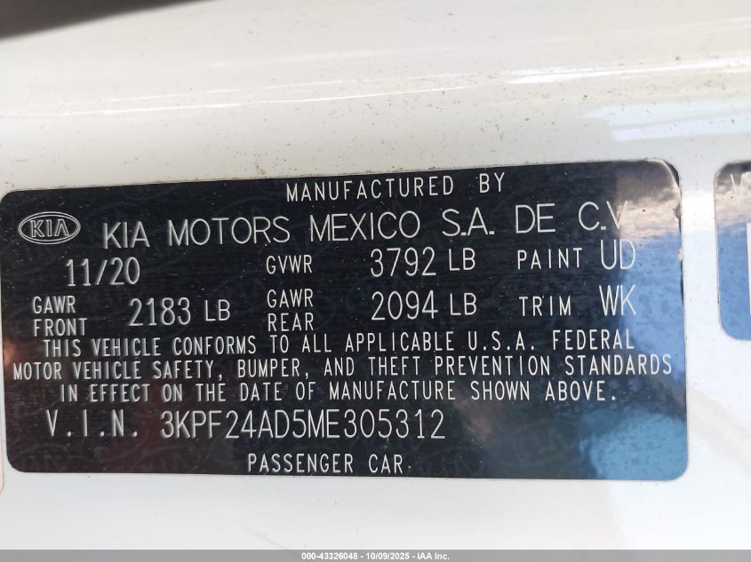 2021 Kia Forte Lxs VIN: 3KPF24AD5ME305312 Lot: 43326048