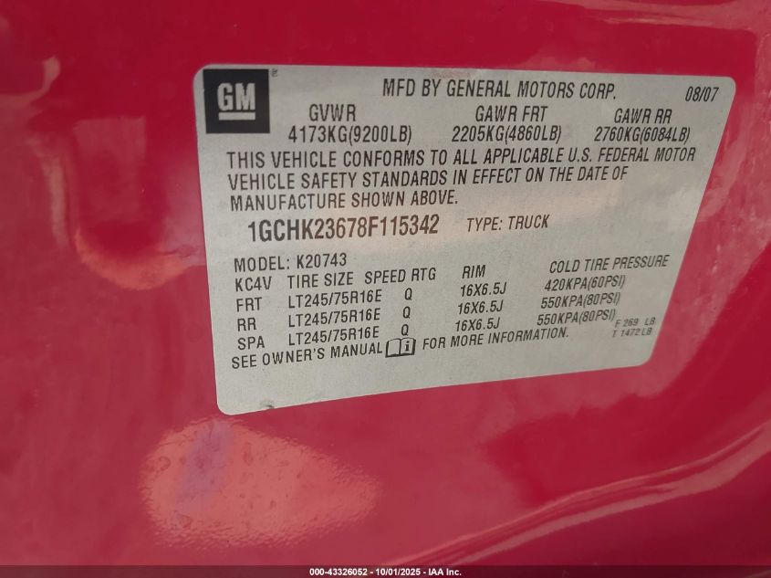 2008 Chevrolet Silverado 2500Hd Lt1 VIN: 1GCHK23678F115342 Lot: 43326052