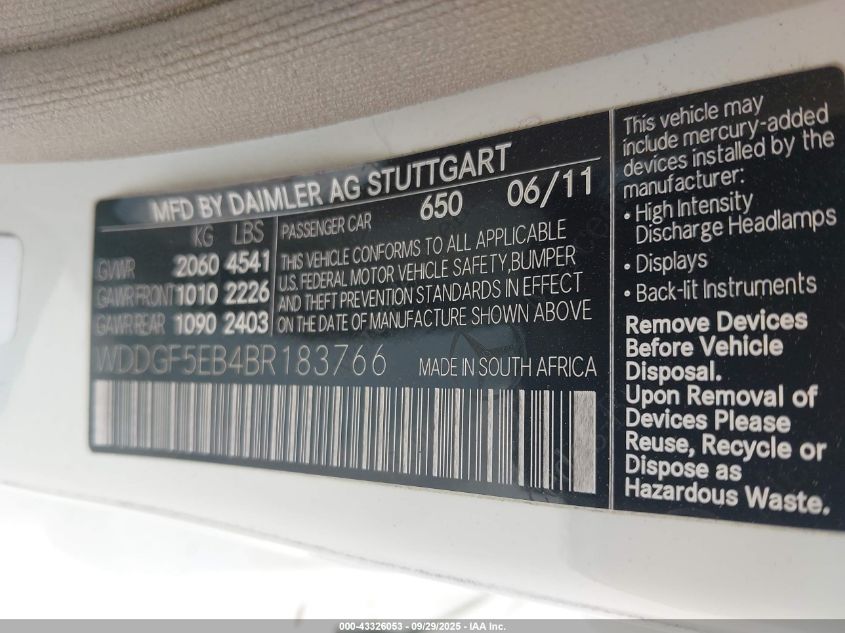 2011 Mercedes-Benz C 300 Luxury/Sport VIN: WDDGF5EB4BR183766 Lot: 43326053
