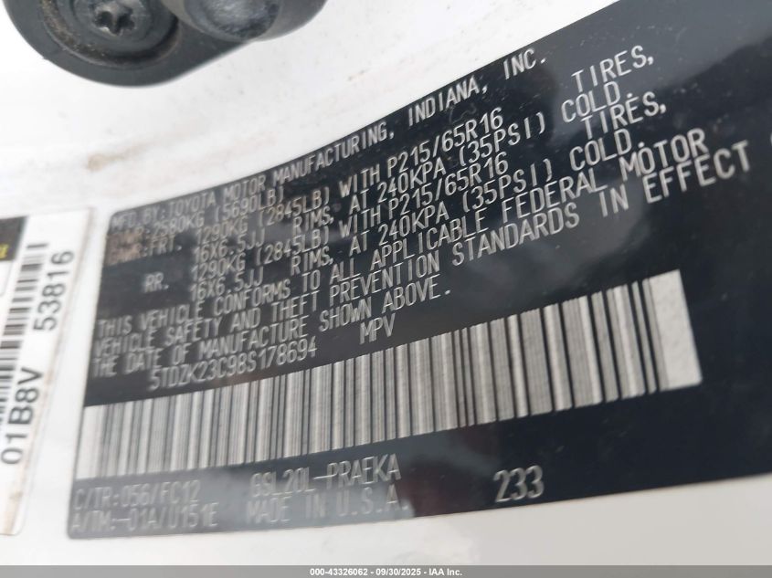 2008 Toyota Sienna Le VIN: 5TDZK23C98S178694 Lot: 43326062