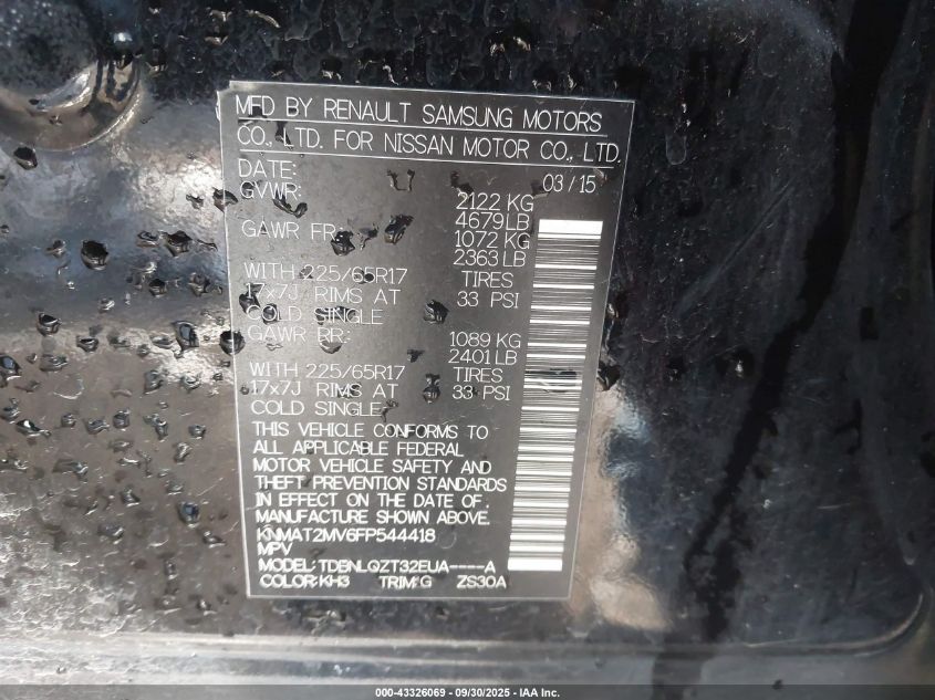 2015 Nissan Rogue Sv VIN: KNMAT2MV6FP544418 Lot: 43326069