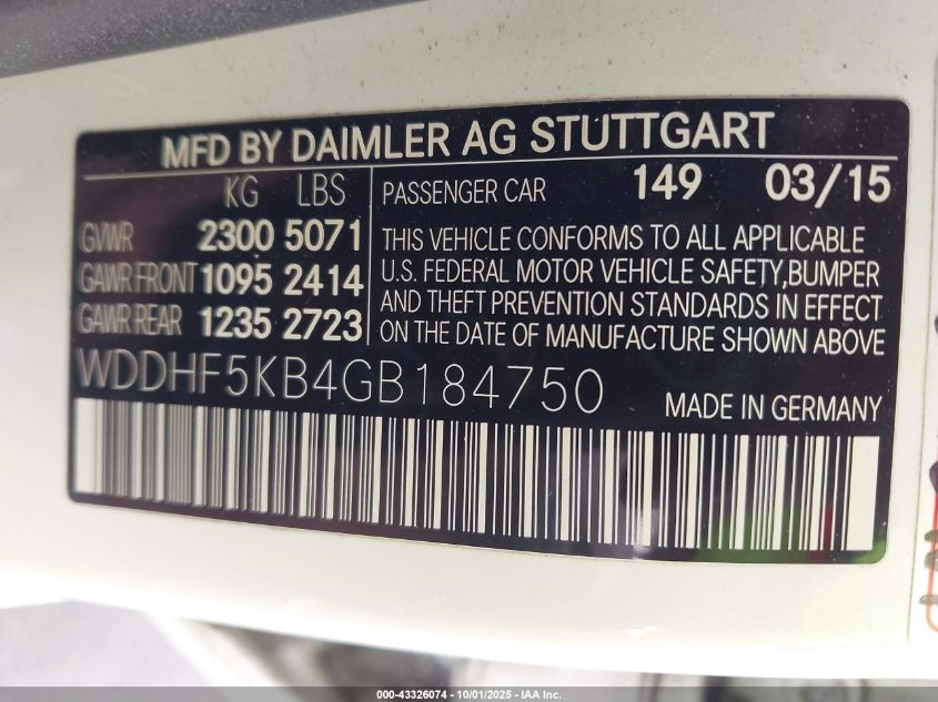 2016 Mercedes-Benz E 350 VIN: WDDHF5KB4GB184750 Lot: 43326074