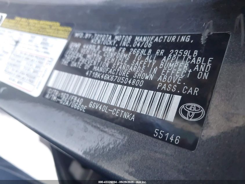 2007 Toyota Camry Le V6 VIN: 4T1BK46K67U504800 Lot: 43326084