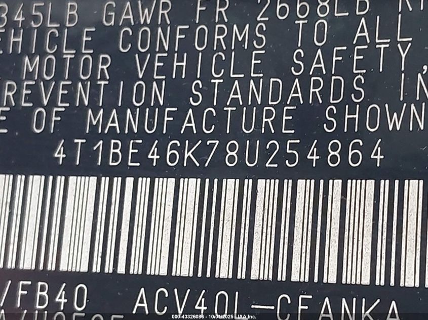 2008 Toyota Camry Le VIN: 4T1BE46K78U254864 Lot: 43326086