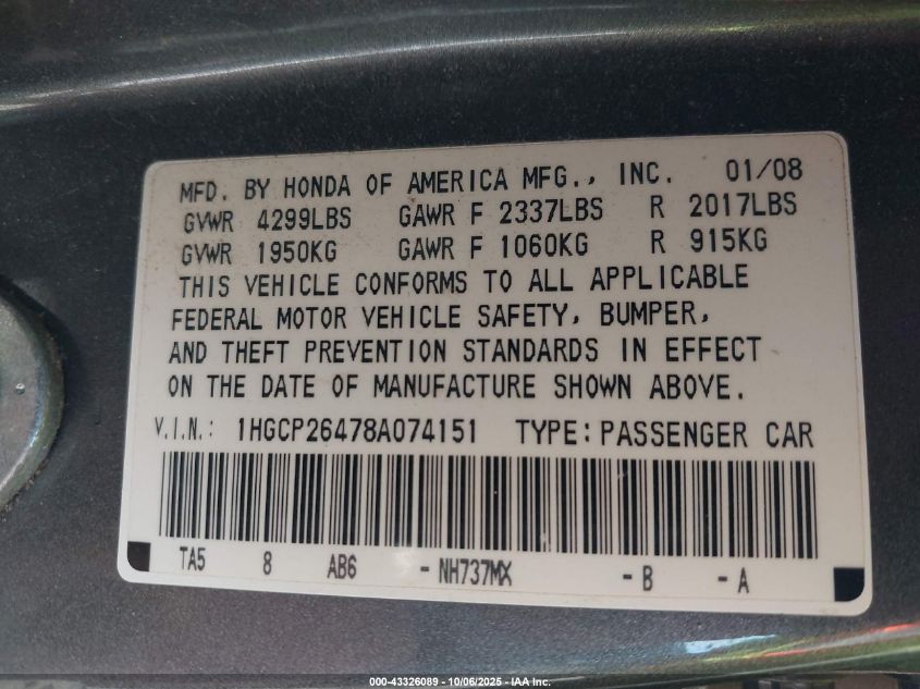 2008 Honda Accord 2.4 Lx-P VIN: 1HGCP26478A074151 Lot: 43326089