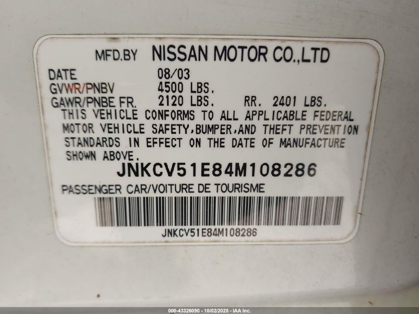 2004 Infiniti G35 VIN: JNKCV51E84M108286 Lot: 43326090