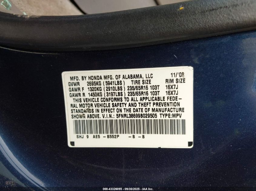 2009 Honda Odyssey Ex-L VIN: 5FNRL38699B029505 Lot: 43326095