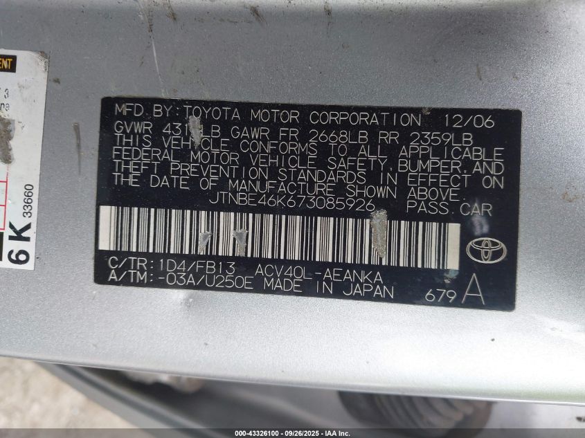 2007 Toyota Camry Le VIN: JTNBE46K673085926 Lot: 43326100