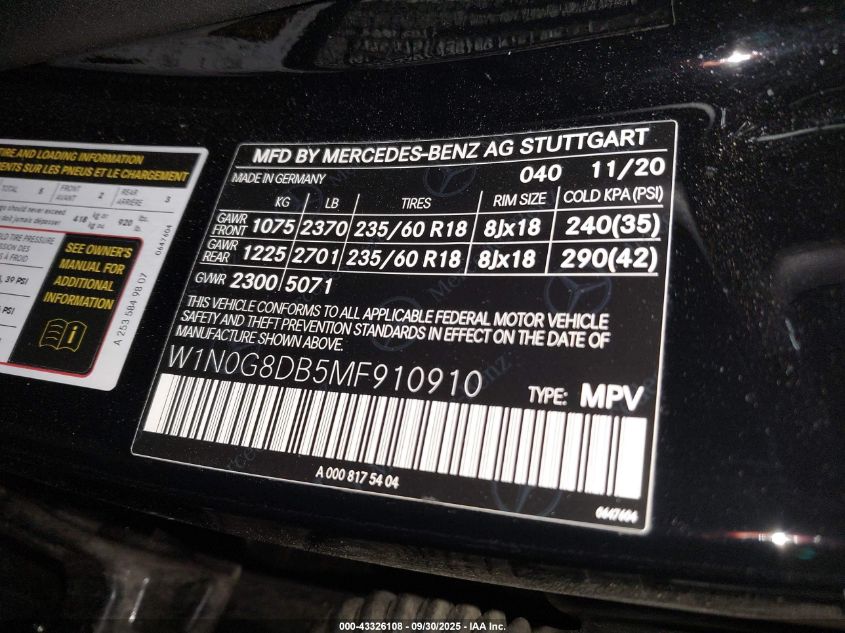 2021 Mercedes-Benz Glc 300 Suv VIN: W1N0G8DB5MF910910 Lot: 43326108