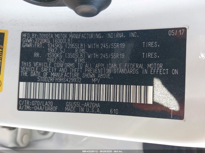 2017 Toyota Highlander Limited Platinum VIN: 5TDDZRFH9HS429932 Lot: 43326112