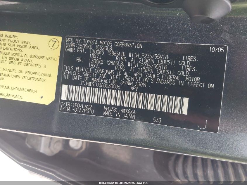 2006 Lexus Rx 400H VIN: JTJHW31U360030006 Lot: 43326113