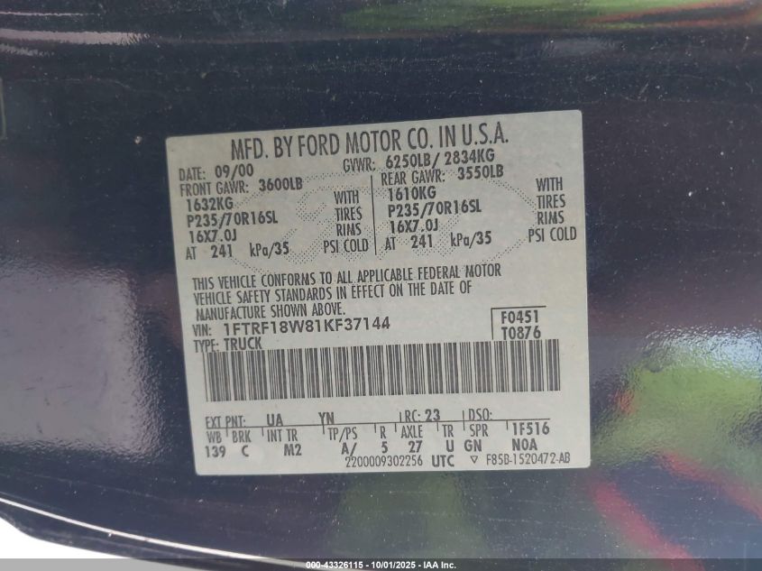 2001 Ford F-150 Xl/Xlt VIN: 1FTRF18W81KF37144 Lot: 43326115