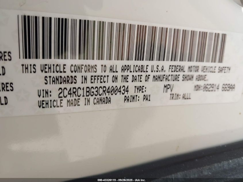 2012 Chrysler Town & Country Touring VIN: 2C4RC1BG3CR400434 Lot: 43326119