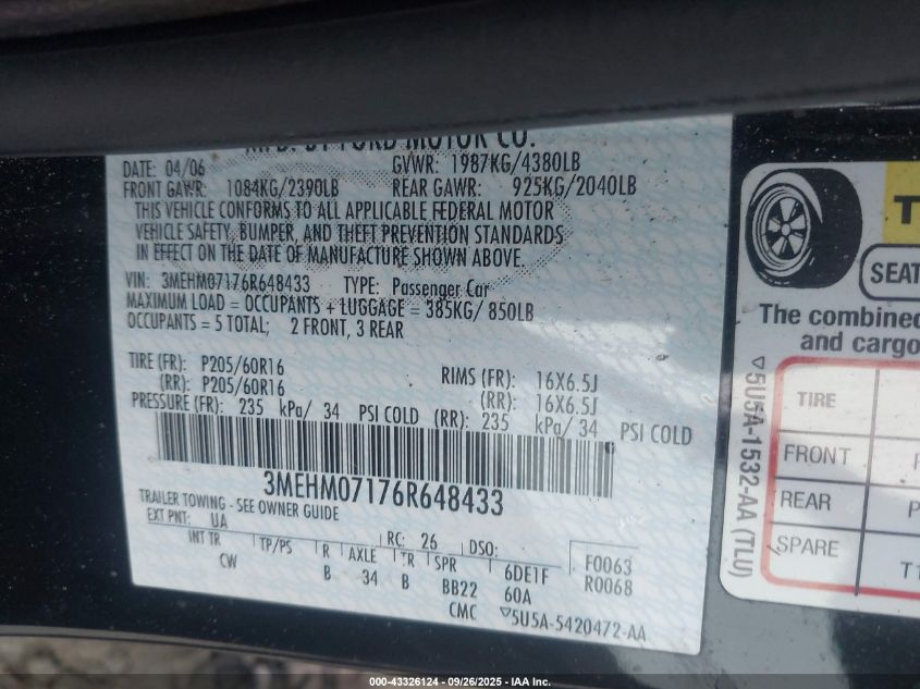 2006 Mercury Milan V6 VIN: 3MEHM07176R648433 Lot: 43326124