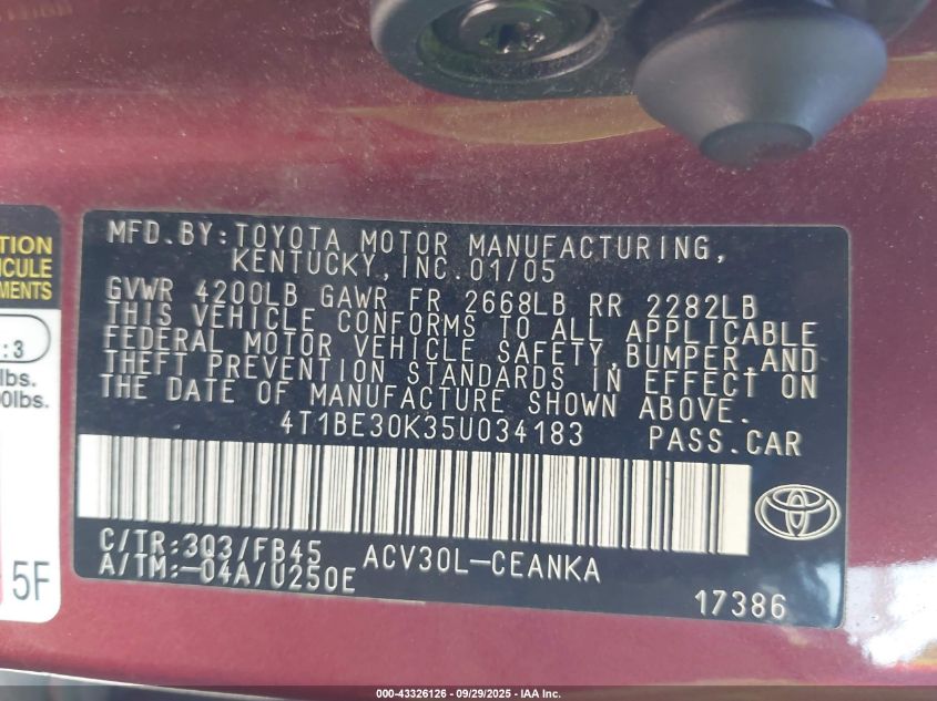 2005 Toyota Camry Le VIN: 4T1BE30K35U034183 Lot: 43326126