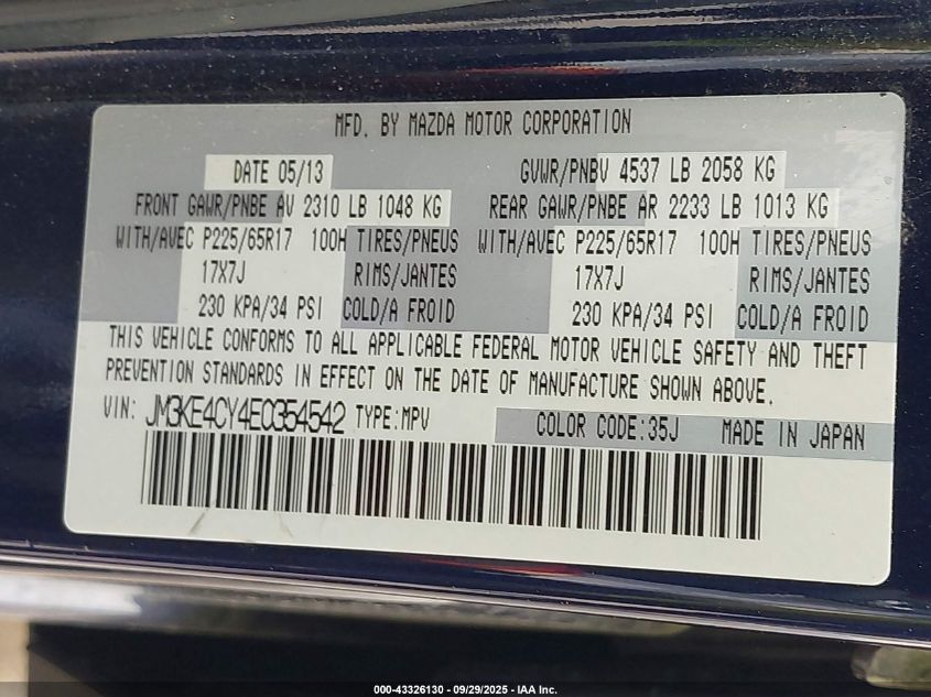 2014 Mazda Cx-5 Touring VIN: JM3KE4CY4E0354542 Lot: 43326130