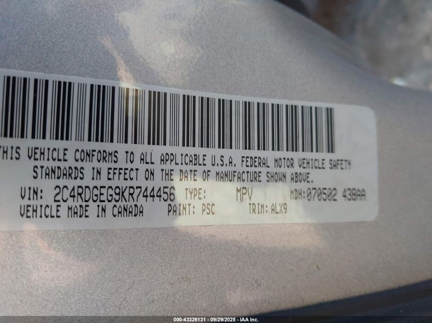 2019 Dodge Grand Caravan Gt VIN: 2C4RDGEG9KR744456 Lot: 43326131