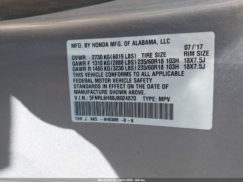 2018 Honda Odyssey Touring VIN: 5FNRL6H88JB024870 Lot: 43326138