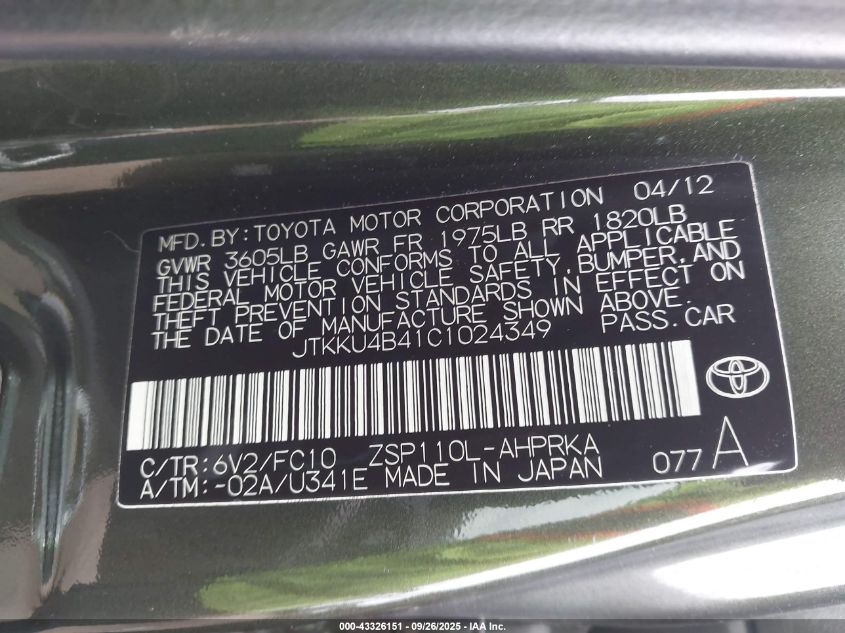 2012 Scion Xd VIN: JTKKU4B41C1024349 Lot: 43326151