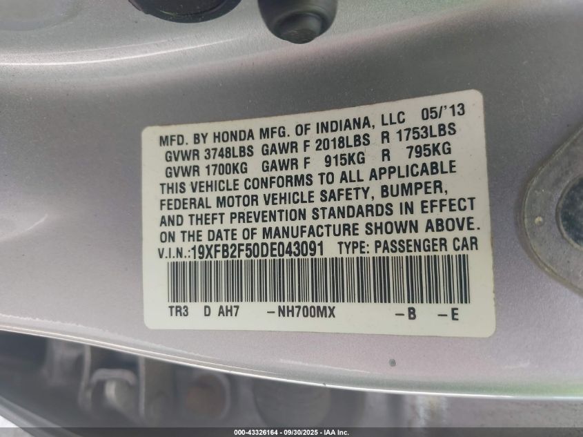 2013 Honda Civic Lx VIN: 19XFB2F50DE043091 Lot: 43326164