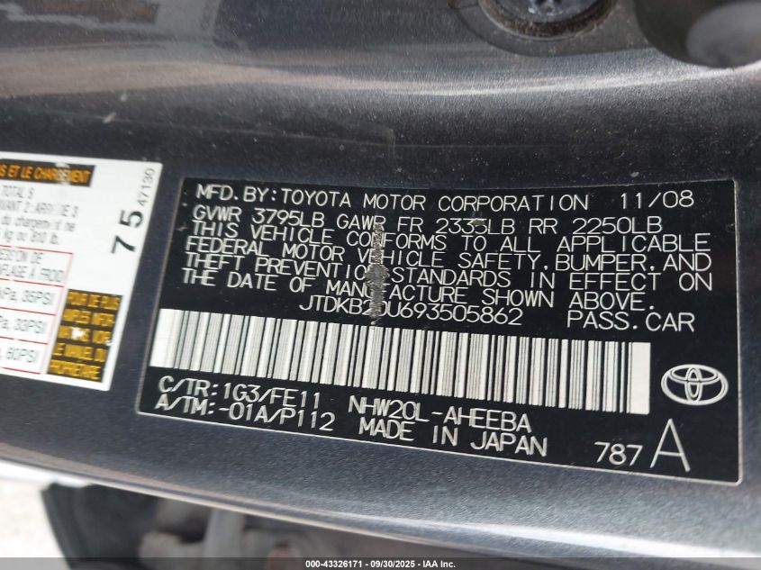 2009 Toyota Prius VIN: JTDKB20U693505862 Lot: 43326171