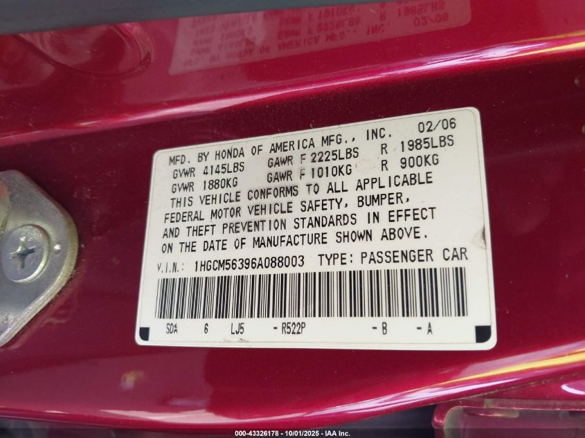 2006 Honda Accord 2.4 Se VIN: 1HGCM56396A088003 Lot: 43326178