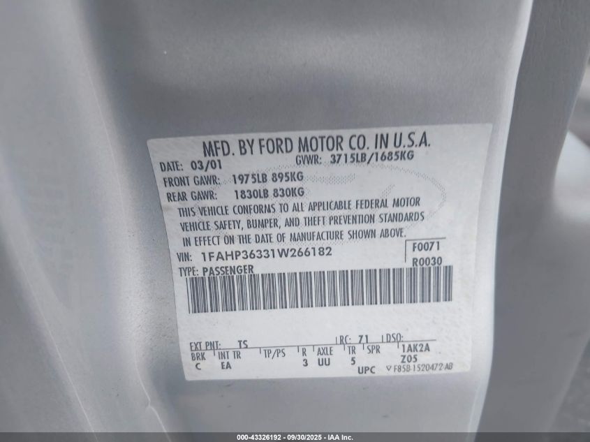 2001 Ford Focus Se/Se Comfort VIN: 1FAHP36331W266182 Lot: 43326192