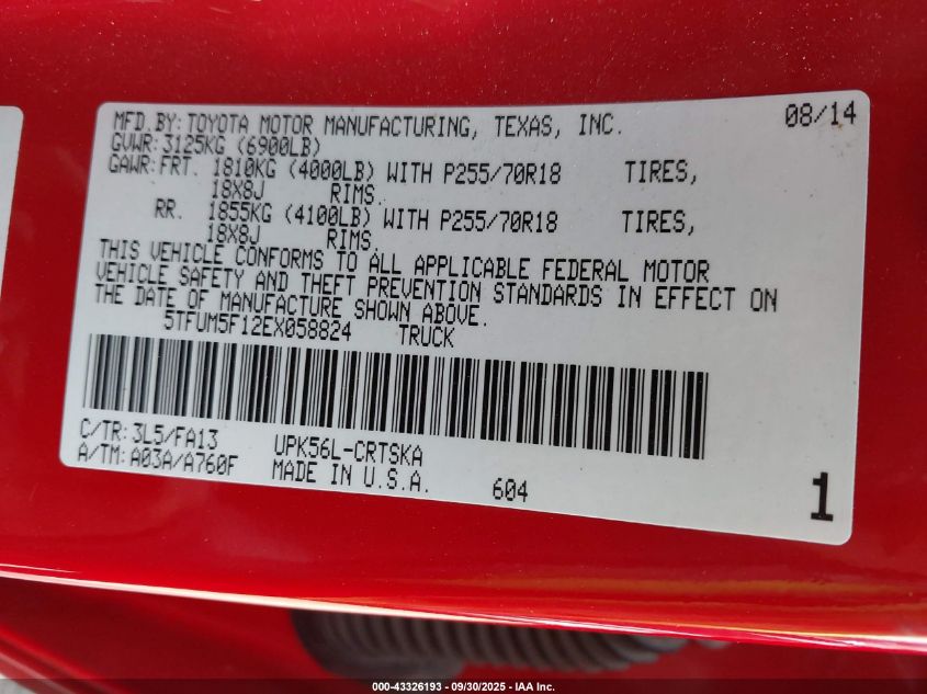 2014 Toyota Tundra Sr 4.6L V8 VIN: 5TFUM5F12EX058824 Lot: 43326193