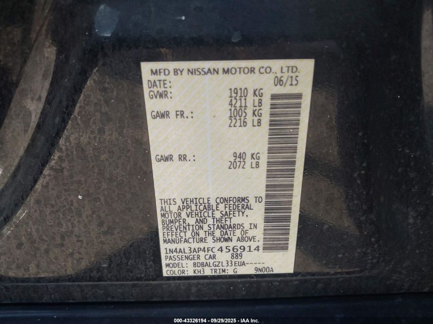 2015 Nissan Altima 2.5/2.5 S/2.5 Sl/2.5 Sv VIN: 1N4AL3AP4FC456914 Lot: 43326194